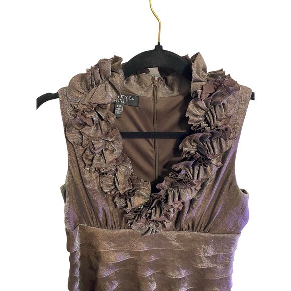 London Style Nights Evening Dress 10P Dark Tuape Ribbon Ruffle Wedding Event - Picture 6 of 16